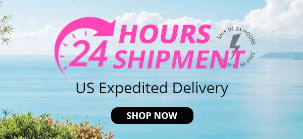 Promotional banner for 24-hour shipment with US expedited delivery; features a pink '24 HOURS SHIPMENT' logo, seaside background, and a 'Shop Now' button.