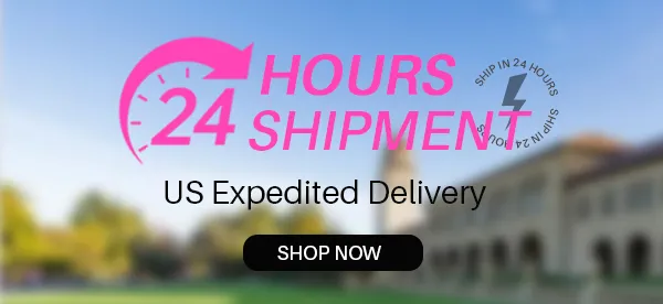 Banner advertising US expedited delivery: pink '24 HOURS SHIPMENT' logo with 'US Expedited Delivery' text and a black 'SHOP NOW' button.