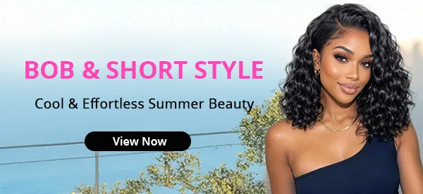 Banner ad: woman with curly hair beside the ocean, pink 'BOB & SHORT STYLE' headline, 'View Now' button.