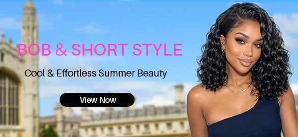 Banner with a woman in a shoulder-length curly bob, pink headline 'BOB & SHORT STYLE' and a 'View Now' button on a sunny backdrop.