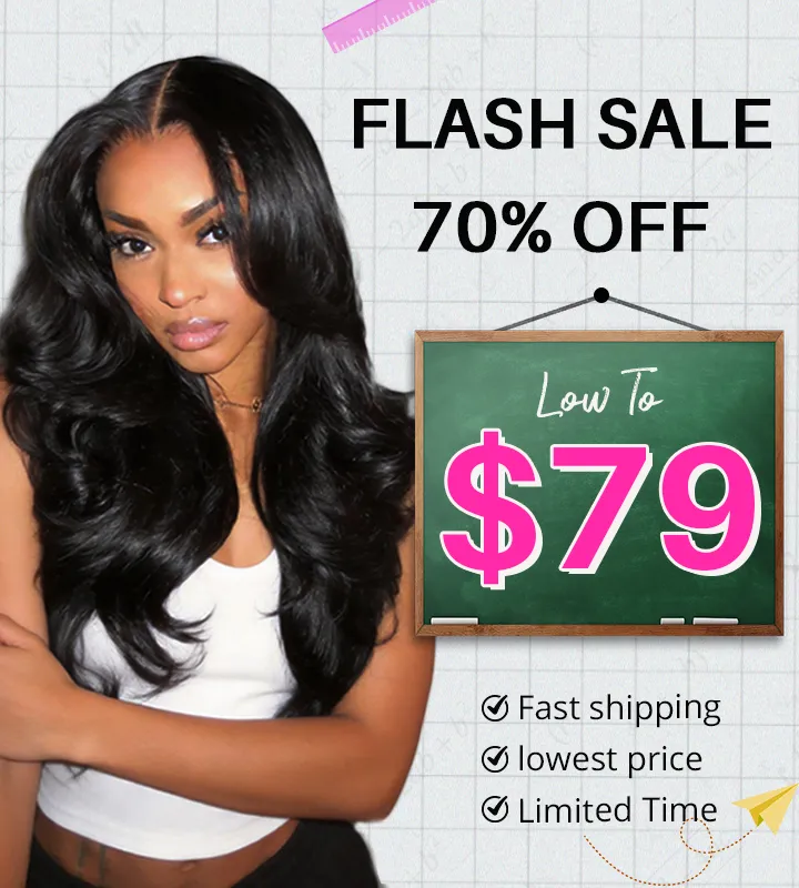 flash-app Advertisement image for a hair product sale: woman with long black hair beside a chalkboard reading $79 and bold 'FLASH SALE' and '70% OFF' text.
