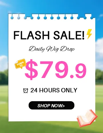 Flash sale ad on a white hanging sign: ‘FLASH SALE!’ with a lightning bolt, ‘Daily Wig Drop’, $79.9, 24 HOURS ONLY, Shop Now button.