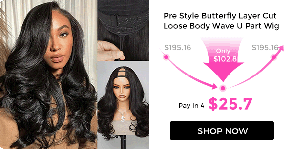 flash sale wig (1) Collage of a model wearing a long, black, wavy U‑part wig and a promotional price card with a 'Shop Now' button.