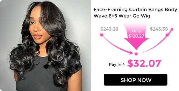 flash sale wig (1)_1 Woman wearing a long black wavy wig; sale graphic beside it showing price $32.07 and a Shop Now button.