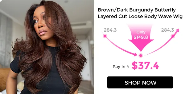 flash sale wig (4) Woman wearing a brown/dark burgundy butterfly layered cut loose body‑wave wig; ad panel to the right shows price and a 'Shop Now' button.