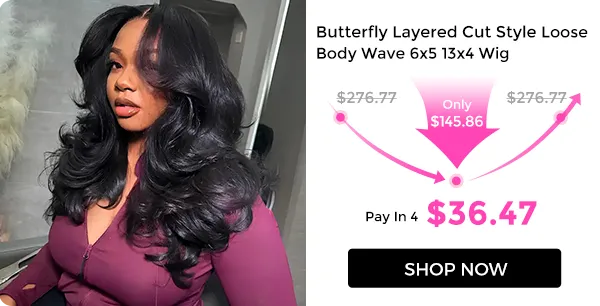 flash sale wig (6) Model with long black voluminous waves in a purple top; ad panel on the right promotes a Butterfly Layered Cut Wig with sale price and Shop Now button.