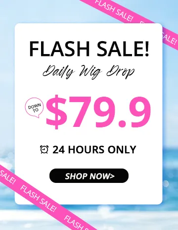 Flash sale poster for Daily Wig Drop: $79.9, 24 hours only, Shop Now button on a white card with pink sale ribbons.