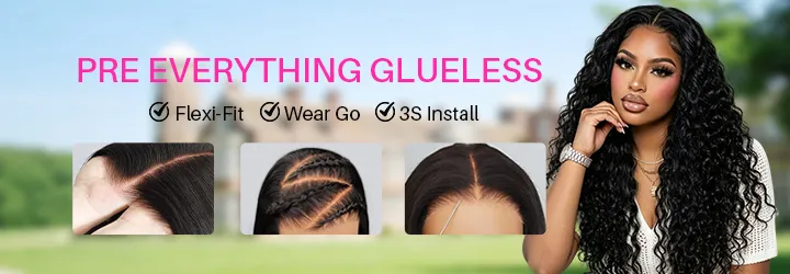 Banner advertising Pre Everything Glueless hair extensions; features Flexi-Fit, Wear Go, 3S Install, shown with a model and three step thumbnails.