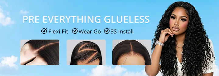 Promotional banner for glueless hair extensions showing the headline 'Pre Everything Glueless' with three feature icons and a model with long curly hair on the right