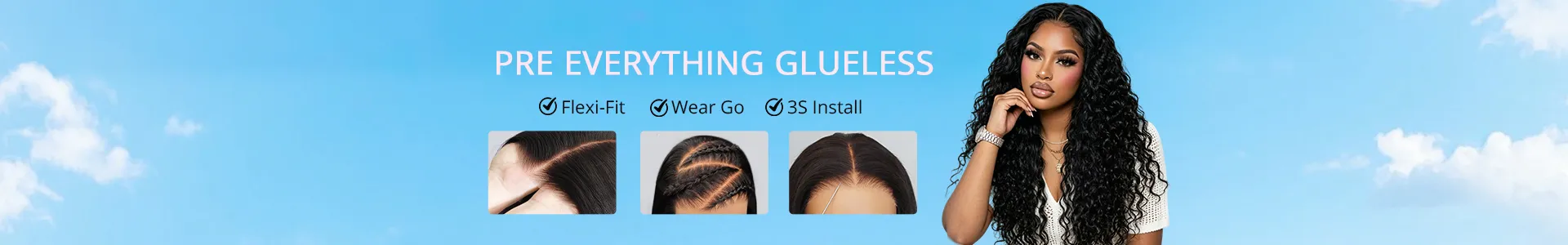 Hero banner promoting glueless hair extensions: blue sky background, woman with long curly hair on the right, and three feature icons (Flexi-Fit, Wear Go, 3S Install) with close-up scalp images below.