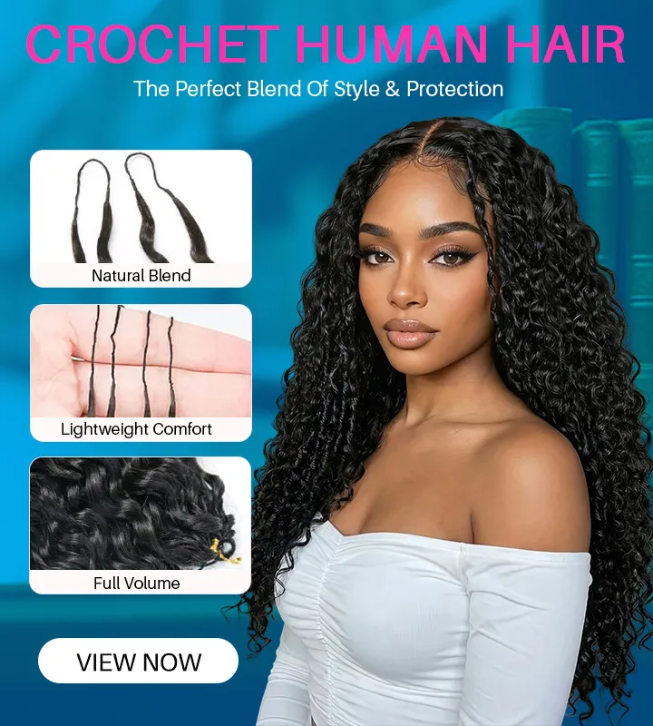 Crochet Human Hair advertisement banner with a model sporting long curly hair, featuring three panels: Natural Blend, Lightweight Comfort, Full Volume; VIEW NOW button.