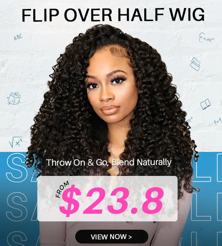 Promotional banner of a woman with long curly hair advertising a flip-over half wig, price from $23.80, with a 'View Now' button.