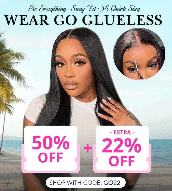 Model with long black hair on a beach holds hand near shoulder; banner reads 'Wear Go Glueless' with 50% off and extra 22% off using code GO22; circular inset shows product application.