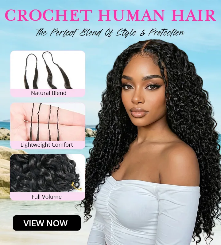 Promotional image for crochet human hair with a model and three feature panels: Natural Blend, Lightweight Comfort, Full Volume; View Now button.