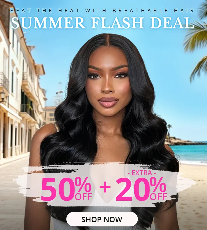 Promo banner: woman with long black hair on a sunny beach; 'Summer Flash Deal' with '50% off + 20% off' and a 'Shop Now' button.