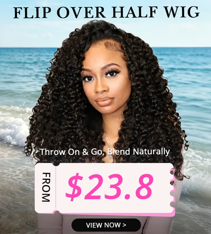 Promo image of a woman with long, curly black hair at the beach, advertising a flip-over half wig; price shows $23.80 and a 'View Now' button.