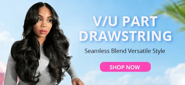 Fashion banner showing a model with long black hair against a blue sky; text reads 'VU PART DRAWSTRING' and a pink 'SHOP NOW' button.