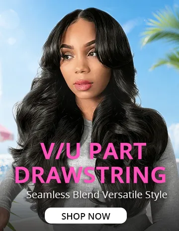 Model with long, glossy black wavy hair in an outdoor advertisement; pink headline text and a white 'Shop Now' button overlay the image.