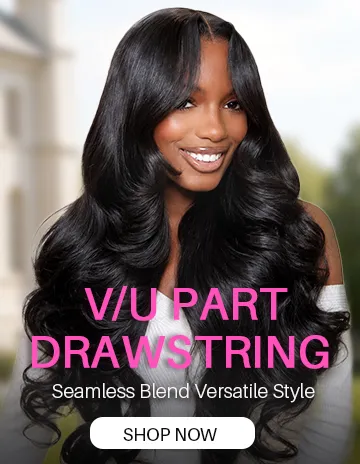Woman with long glossy black hair in a VIU Part Drawstring ad for seamless, versatile styling with a 'Shop Now' button.