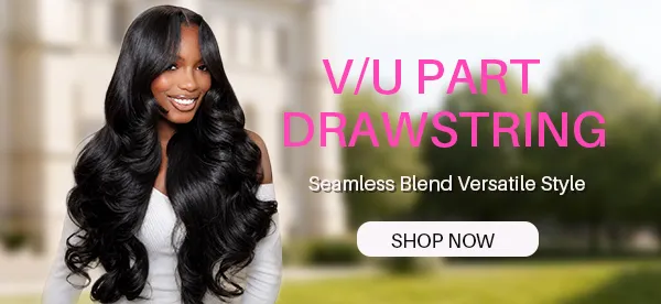 Advertisement banner showing a woman with long black hair and the text 'V/U PART DRAWSTRING' and 'Shop Now' button, promoting seamless blend versatile hairstyle.