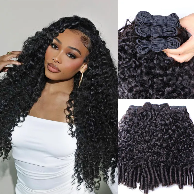 Woman with long, tight black curly hair wearing a white top; collage shows hair extensions and closures for a curly weave.