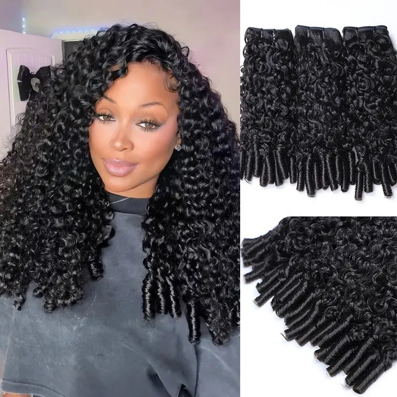 Woman with long, tight black curly hair wearing a dark top; looks like clip-in or sew-in extensions in a curly texture.