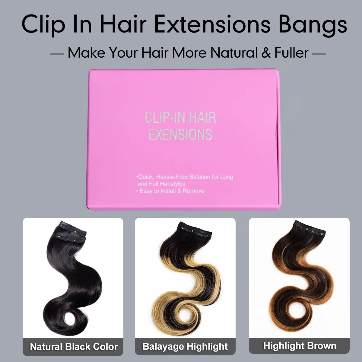 Pink box advertising clip-in hair extensions with three color swatches: Natural Black Color, Balayage Highlight, and Highlight Brown.