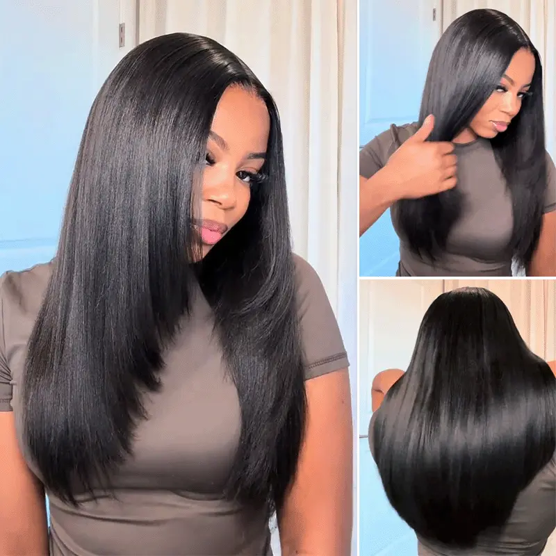 Yaki Straight Layered Cut 6x5 Lace Closure Human Hair Wig Glueless Flexi-Fit Drawstring Shoulder Length